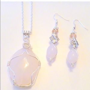 Large pink stone wirewrapped pendant necklace set Valentine’s Day gift